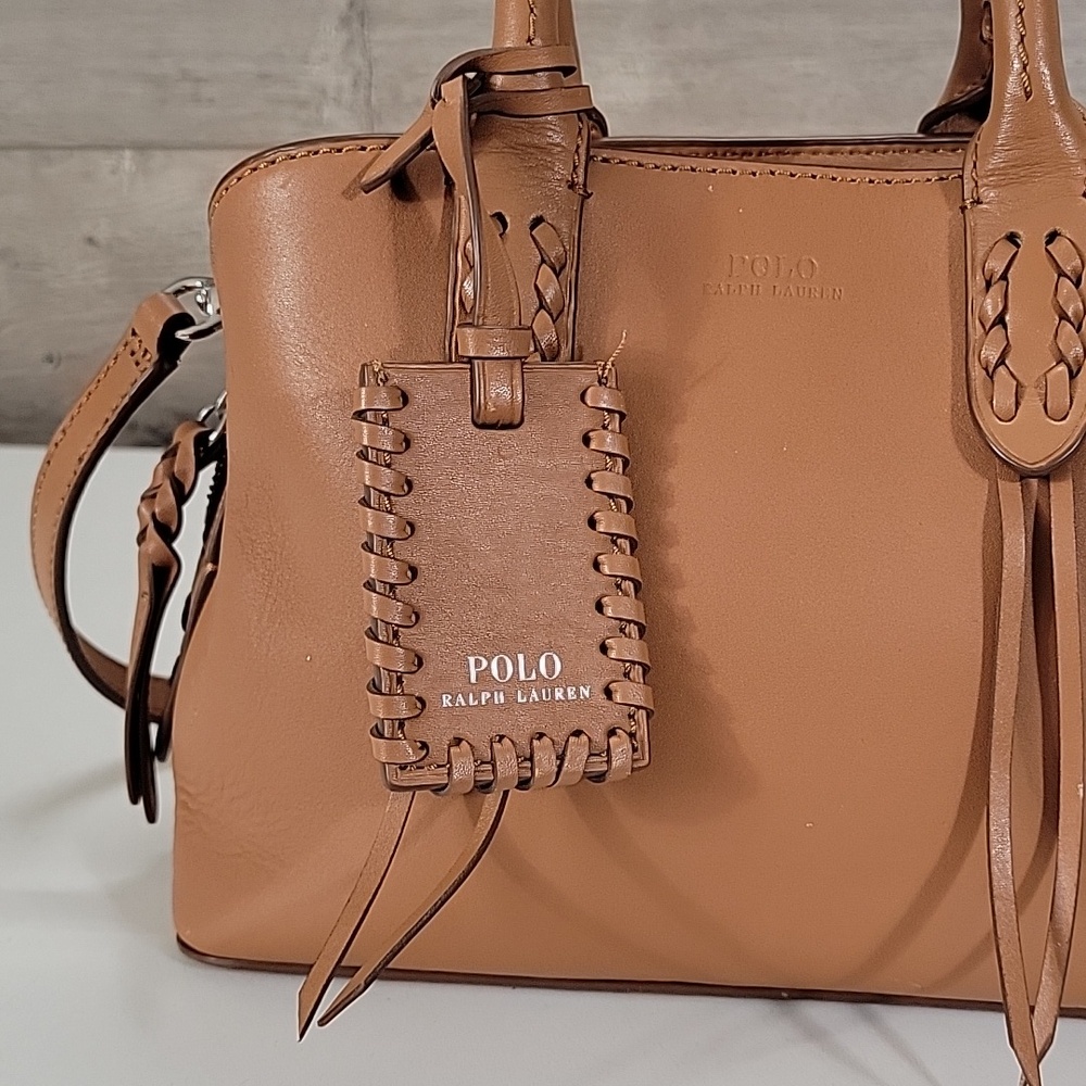 Polo by Ralph Lauren Camel Leather Satchel with Braided Trim Crossbody Bag - Picture 2 of 16